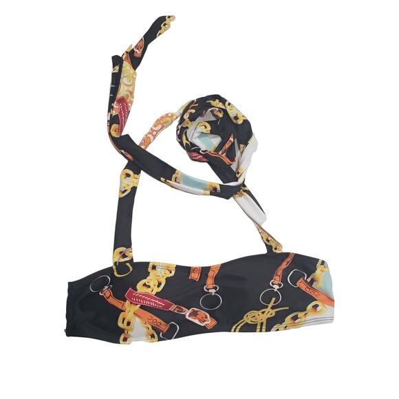 Black Colorful Western Buckle & Gold Chain Swimsuit Bikini Top w Neck Tie Around - Picture 1 of 6